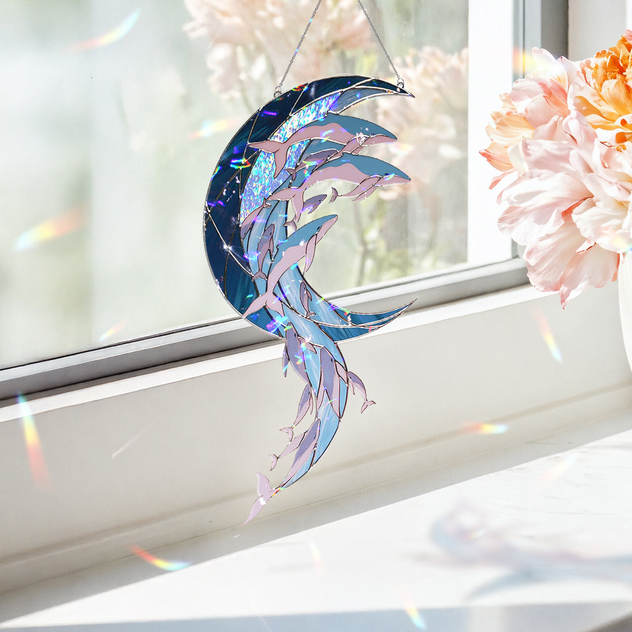 Whale Pod Crescent Moon Holographic Acrylic Suncatcher