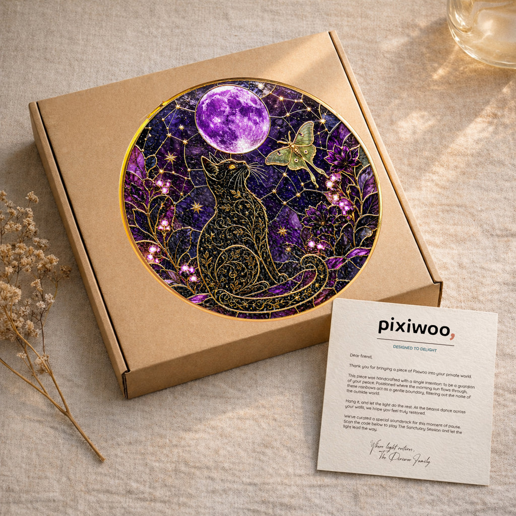 Celestial cat and purple moon stained glass suncatcher with gold frame, round stained glass window hanging