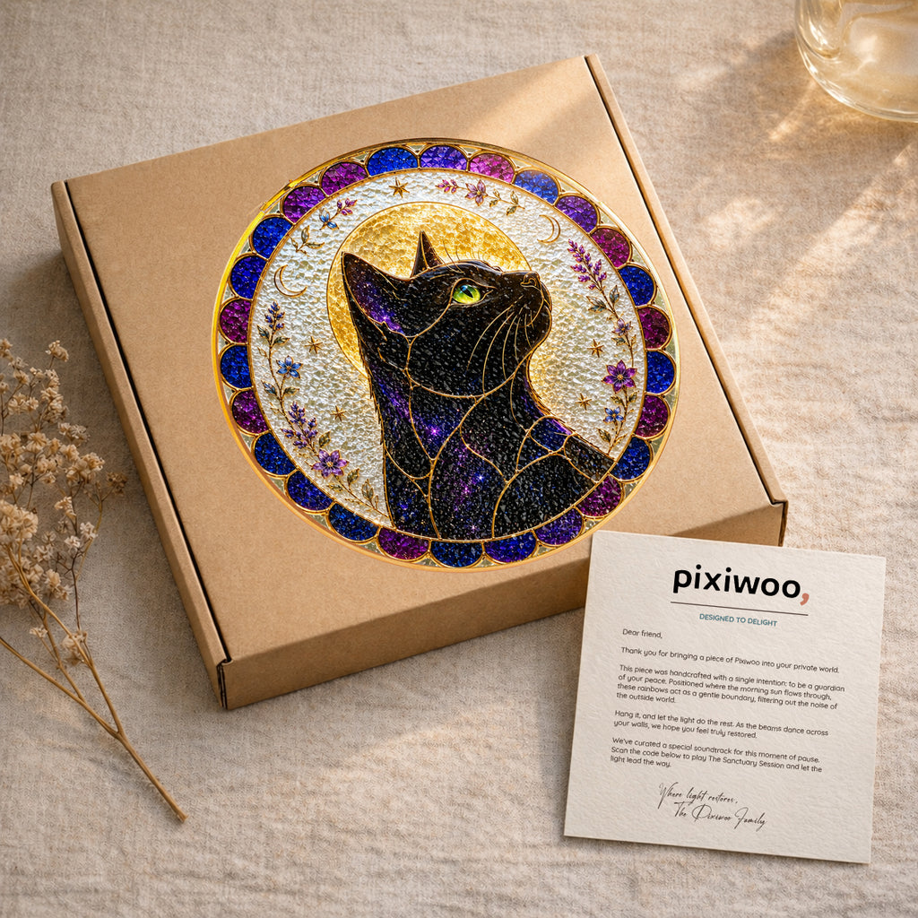 Mystical cat moon mandala stained glass suncatcher with gold frame, round stained glass window hanging