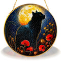 Black cat full moon stained glass suncatcher with gold frame, round stained glass window hanging