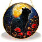 Black cat full moon stained glass suncatcher with gold frame, round stained glass window hanging