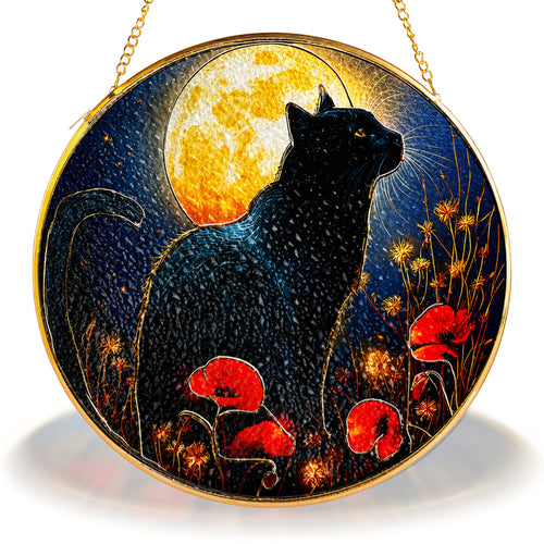 Black cat full moon stained glass suncatcher with gold frame, round stained glass window hanging