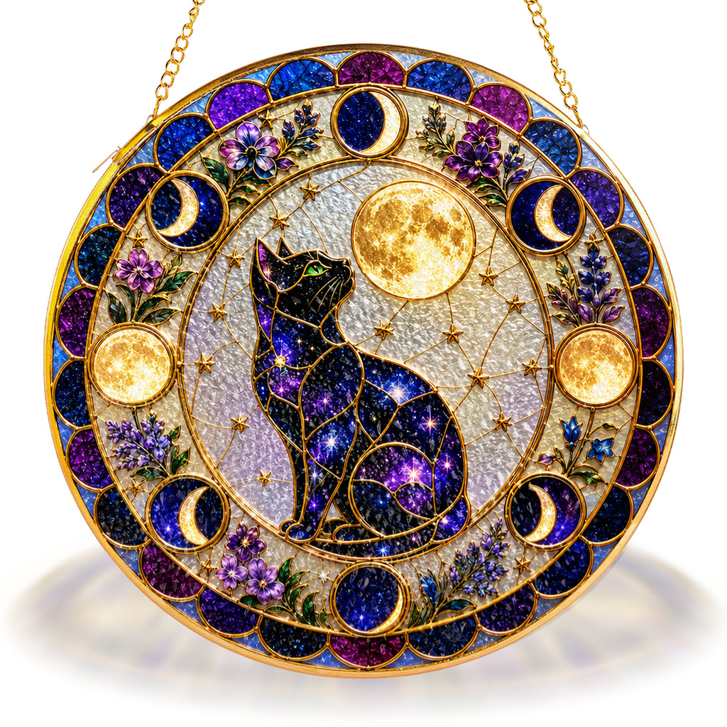 Galaxy cat moon phases stained glass suncatcher with gold frame, round stained glass window hanging