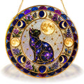 Galaxy cat moon phases stained glass suncatcher with gold frame, round stained glass window hanging