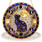 Galaxy cat moon phases stained glass suncatcher with gold frame, round stained glass window hanging