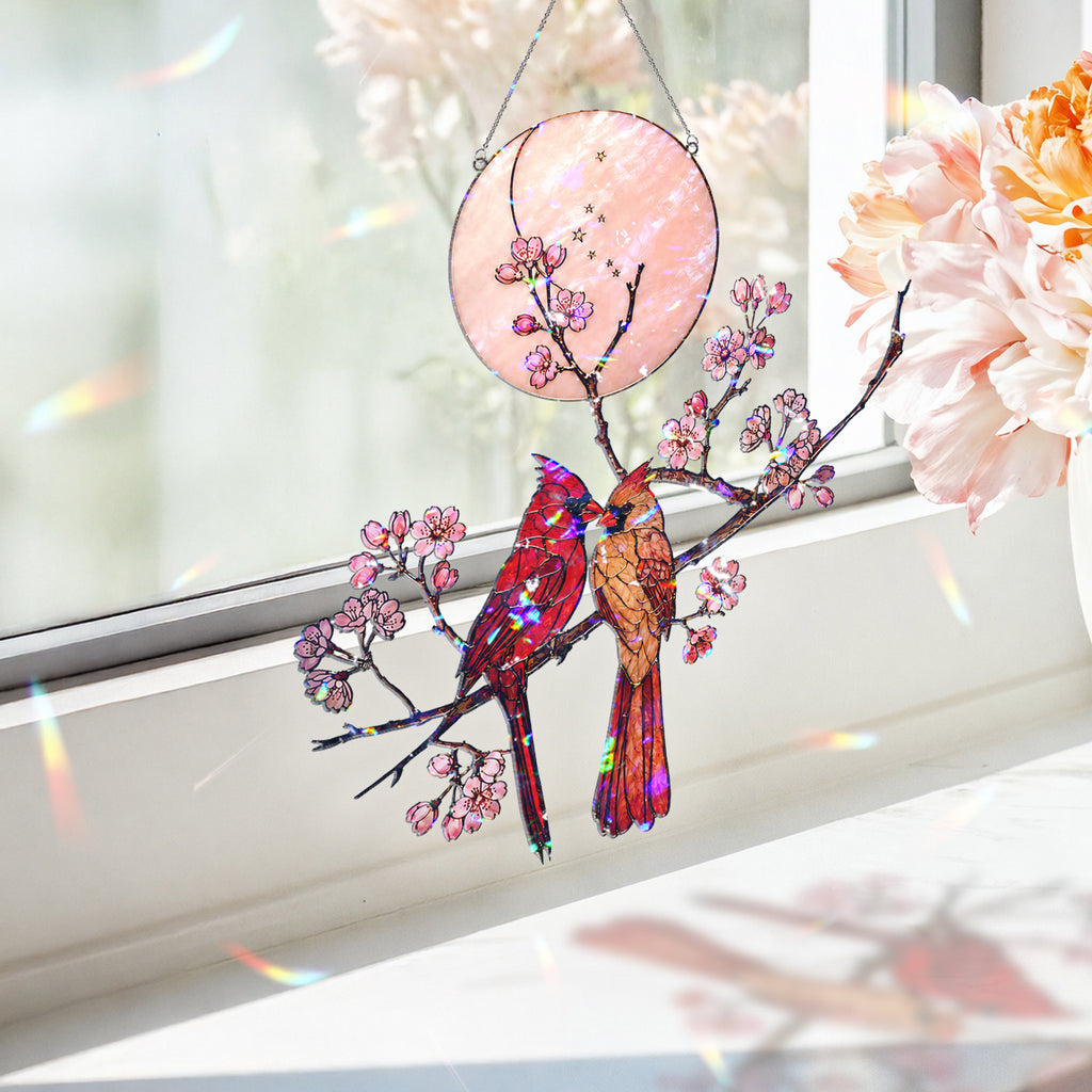 Cardinal Couple & Cherry Blossom Moon Holographic Acrylic Suncatcher
