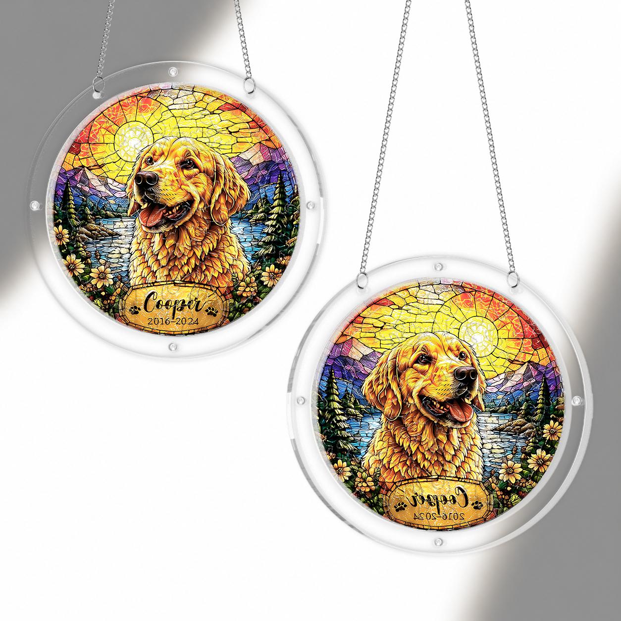 Golden retriever memorial puzzle suncatcher shown full round on a white background