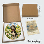 Doodle Dog in Daisy Field Suncatcher with gold frame
