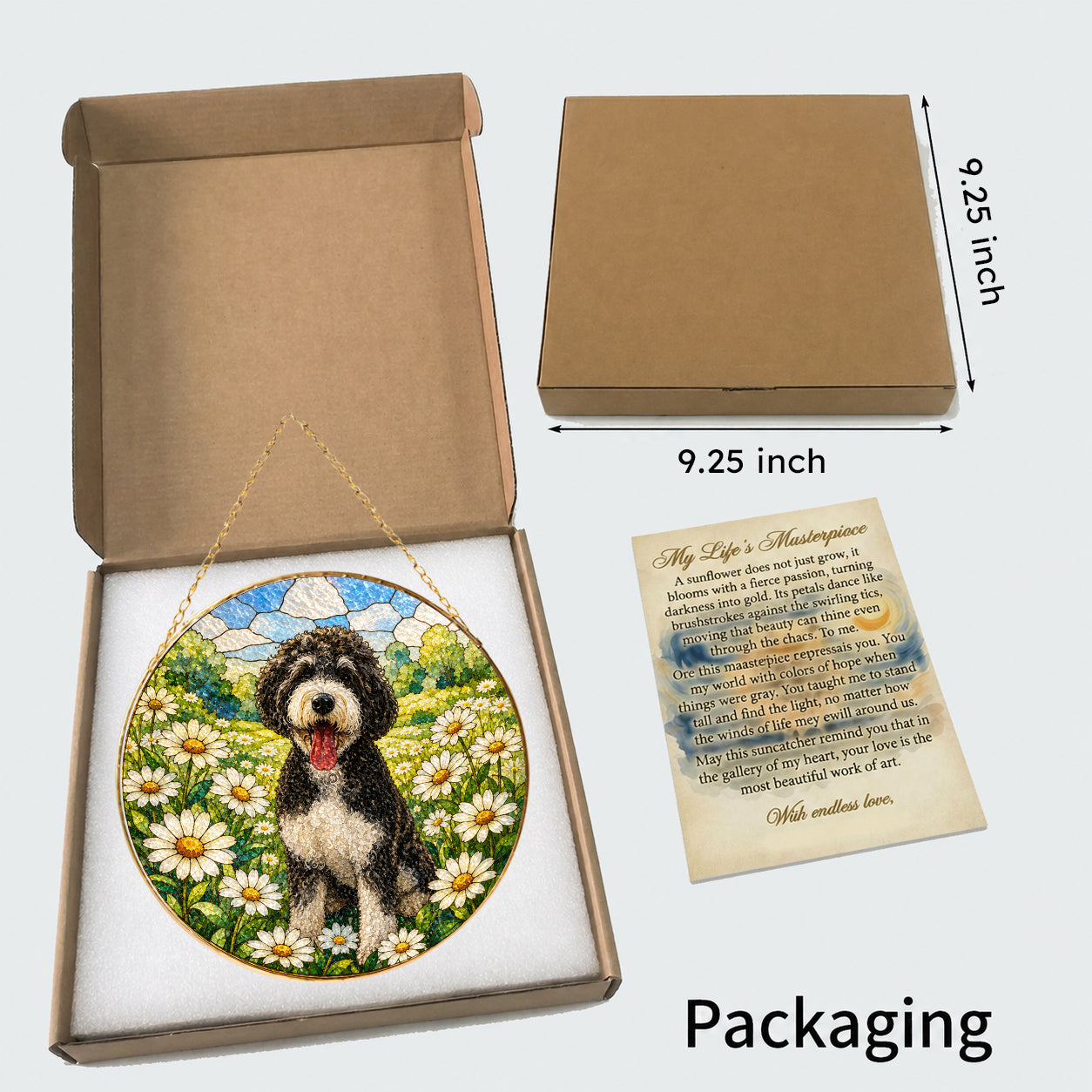 Doodle Dog in Daisy Field Suncatcher with gold frame