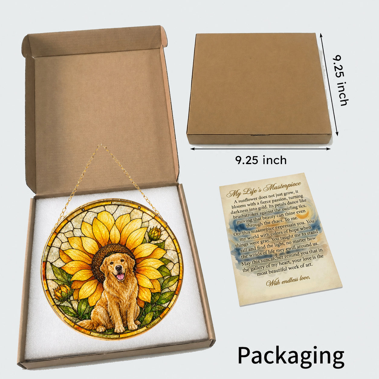 Golden Retriever Sunflower Suncatcher hanging in a window