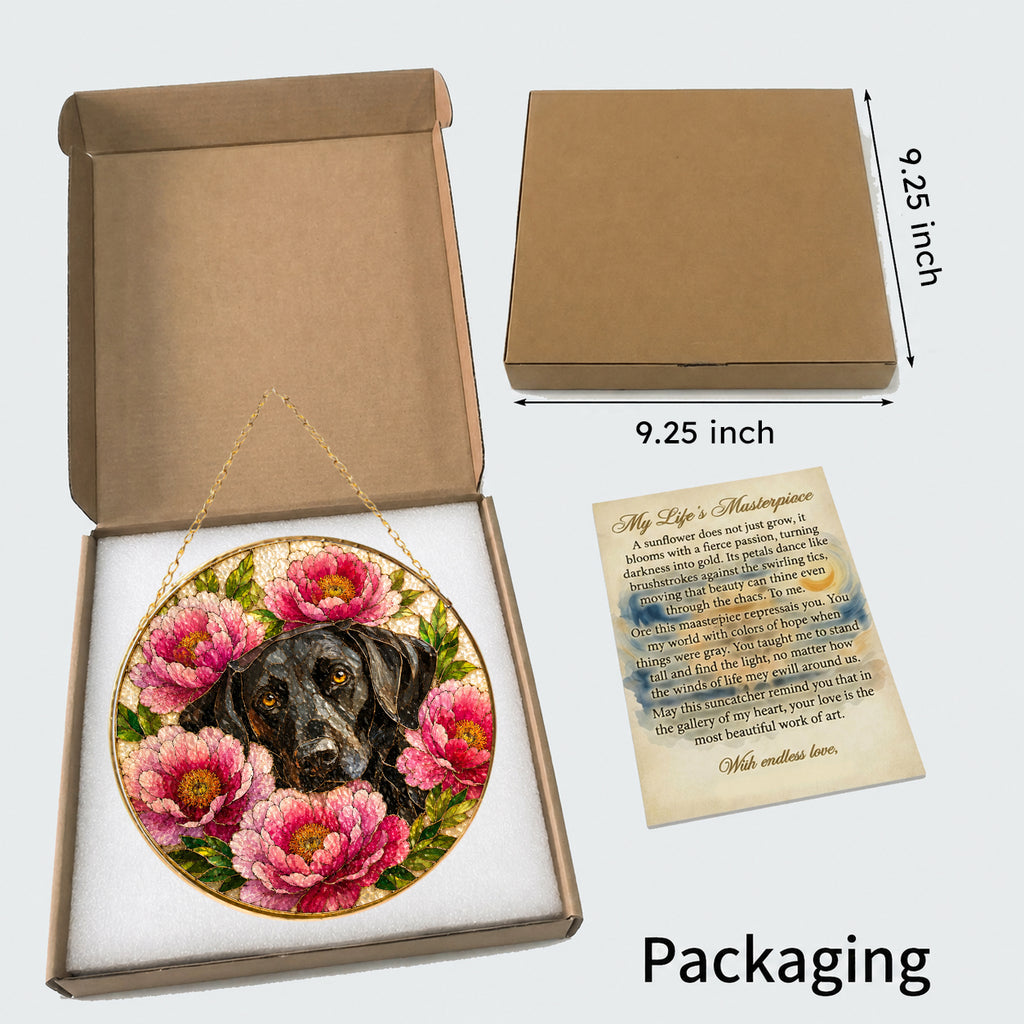 Black Lab & Peonies Glass Suncatcher with gold frame