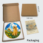 Golden Retriever Sunflower Field Suncatcher with gold frame