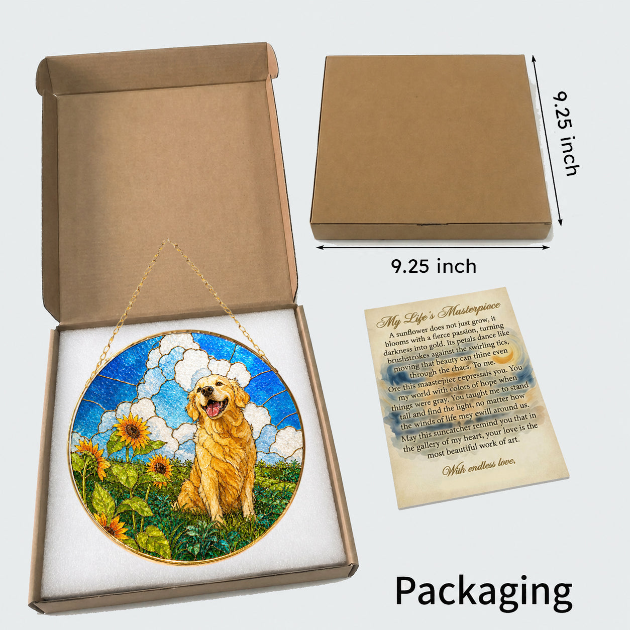 Golden Retriever Sunflower Field Suncatcher with gold frame