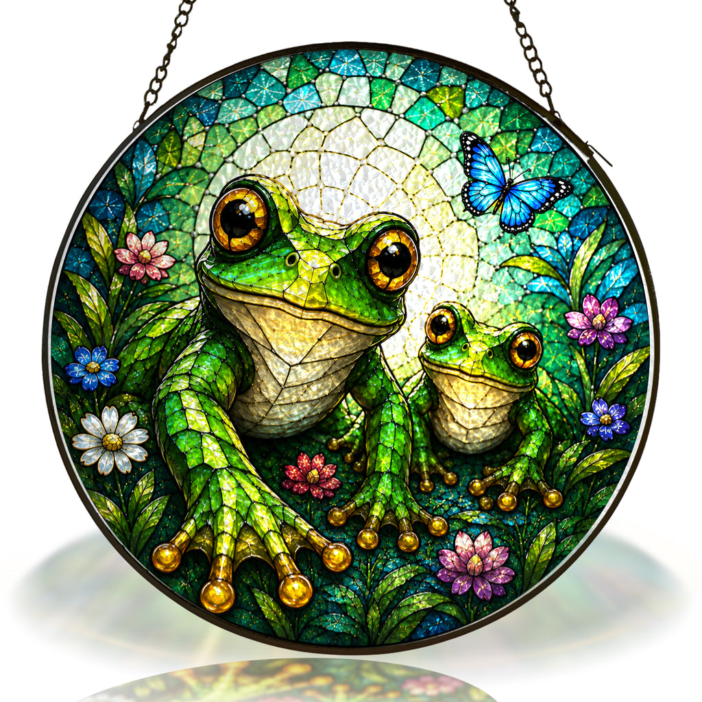 Mama and Baby Frog Wildflower Stained Glass Suncatcher