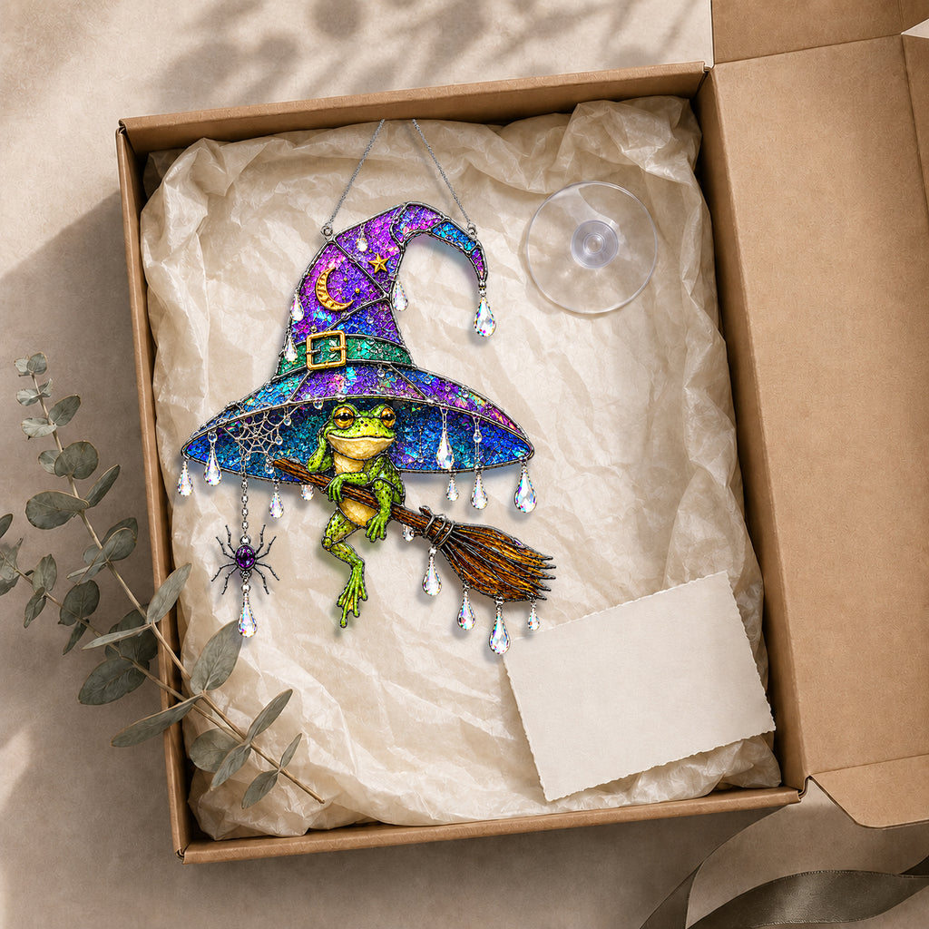 Witch Hat Frog & Broomstick Holographic Acrylic Suncatcher