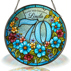Personalized 70th Birthday Suncatcher – Custom Name Floral Stained Glass Window Hanging Gift