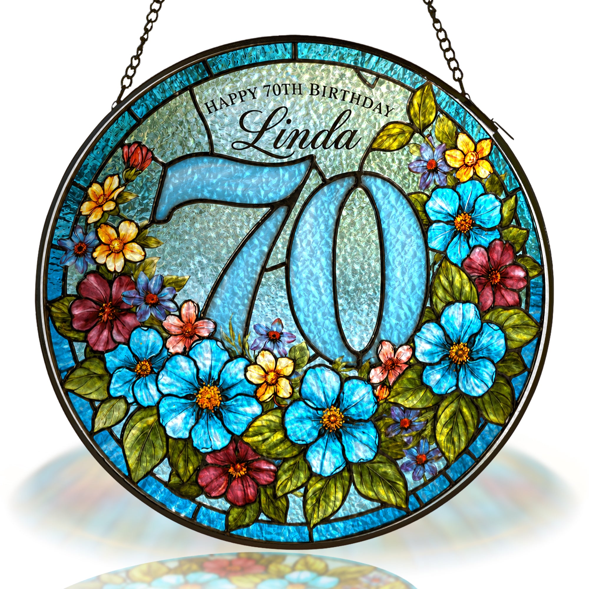 Personalized 70th Birthday Suncatcher – Custom Name Floral Stained Glass Window Hanging Gift