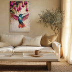 Hummingbird Canvas Wall Art Colorful Painting with Pink Flowers