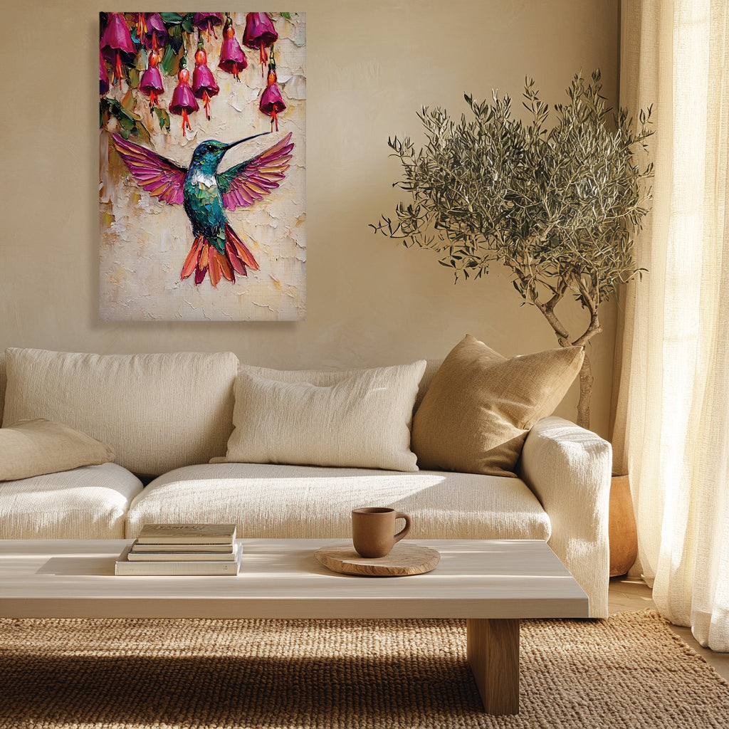 Hummingbird Canvas Wall Art Colorful Painting with Pink Flowers