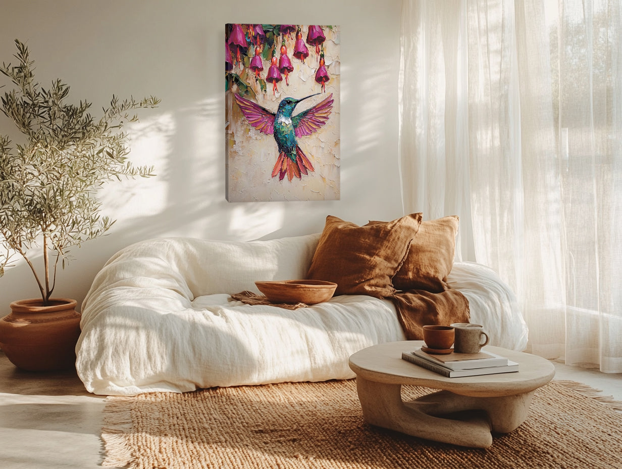 Hummingbird Canvas Wall Art Colorful Painting with Pink Flowers