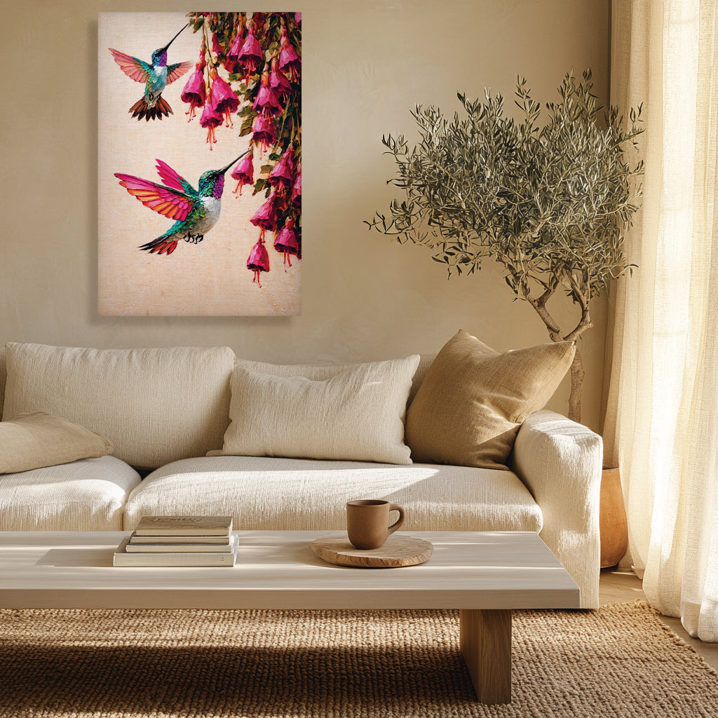 Canvas Wall Art Colorful Hummingbird Painting with Pink Flowers