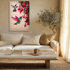 Canvas Wall Art Colorful Hummingbird Painting with Pink Flowers