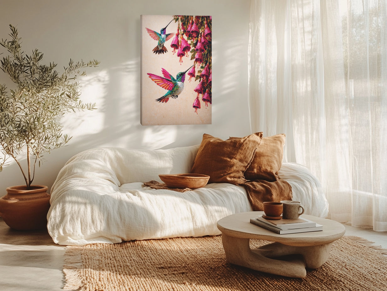 Canvas Wall Art Colorful Hummingbird Painting with Pink Flowers