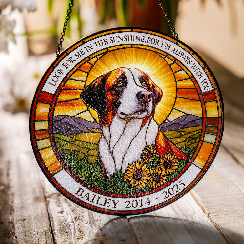 Dog memorial stained glass suncatcher catching warm sunlight