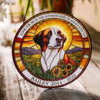 Dog memorial stained glass suncatcher catching warm sunlight