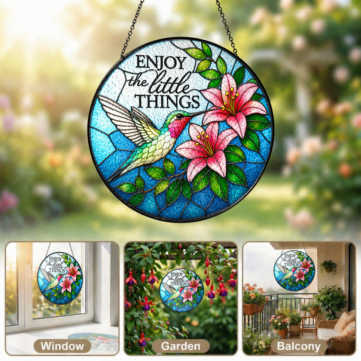Enjoy the Little Things Hummingbird Stained Glass Suncatcher