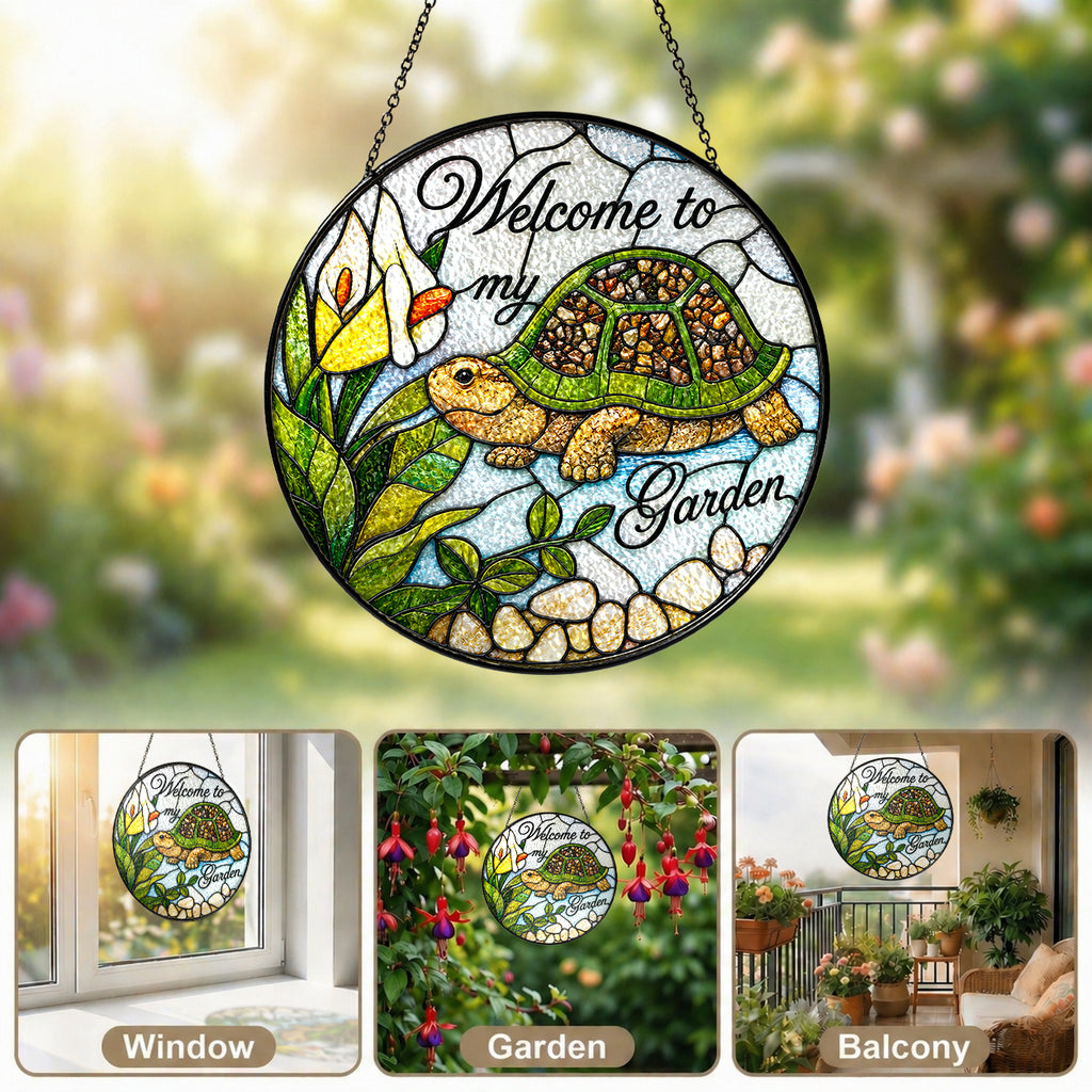 Welcome to My Garden Turtle Stained Glass Suncatcher