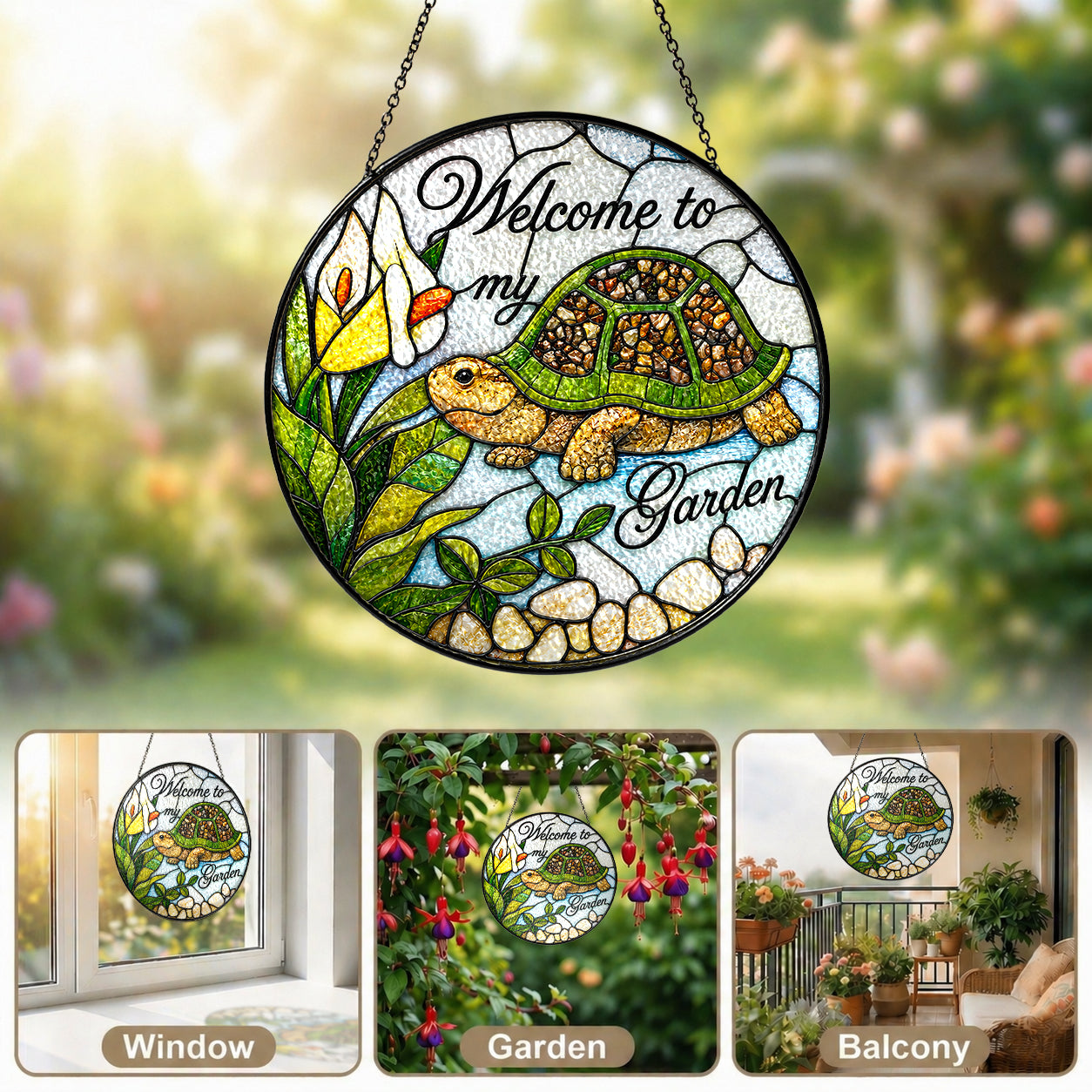Welcome to My Garden Turtle Stained Glass Suncatcher