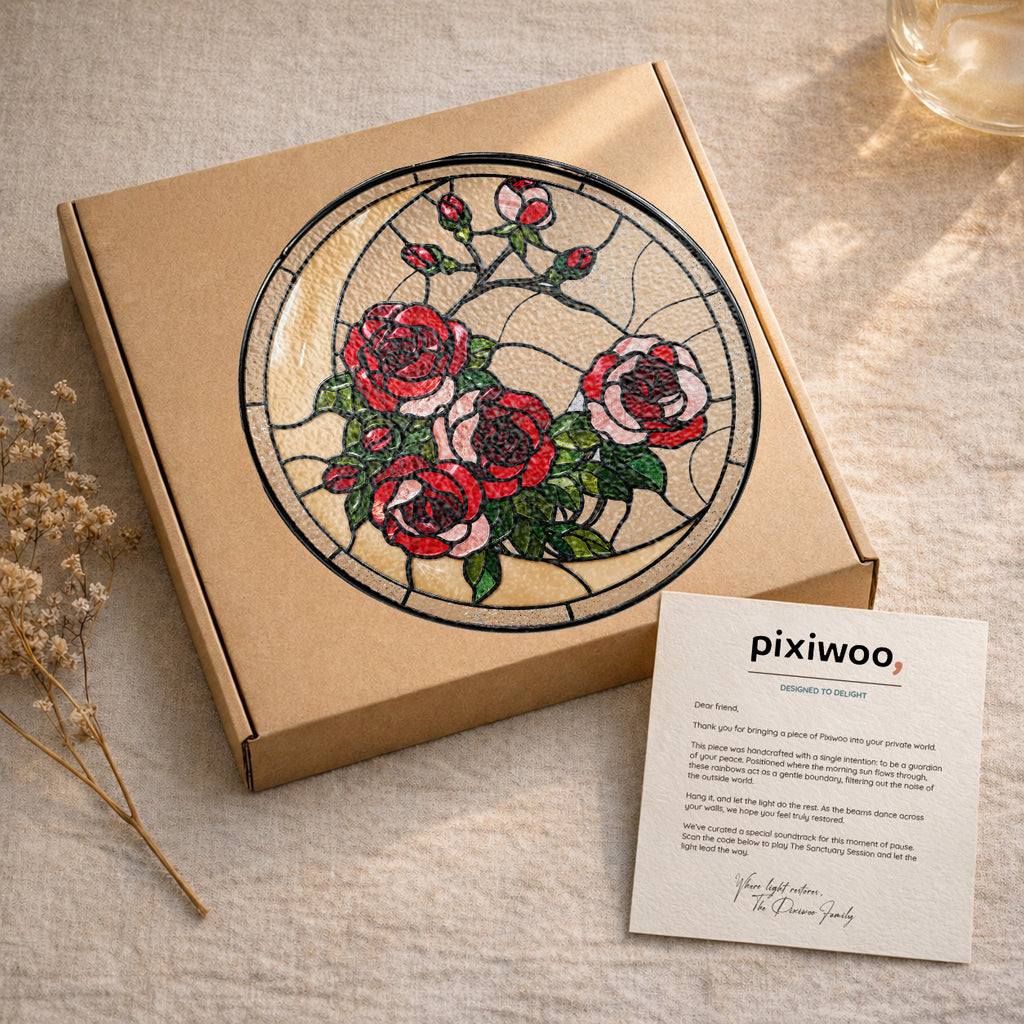 Red rose stained glass suncatcher on Pixiwoo gift packaging with a thank-you card