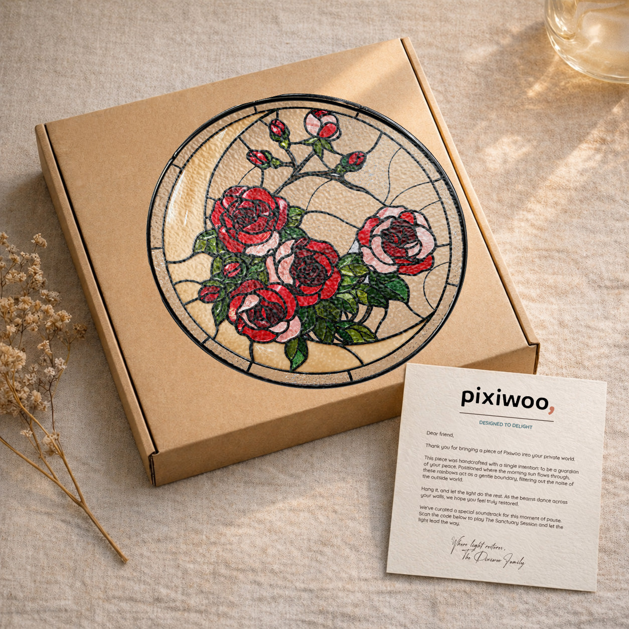 Red rose stained glass suncatcher on Pixiwoo gift packaging with a thank-you card