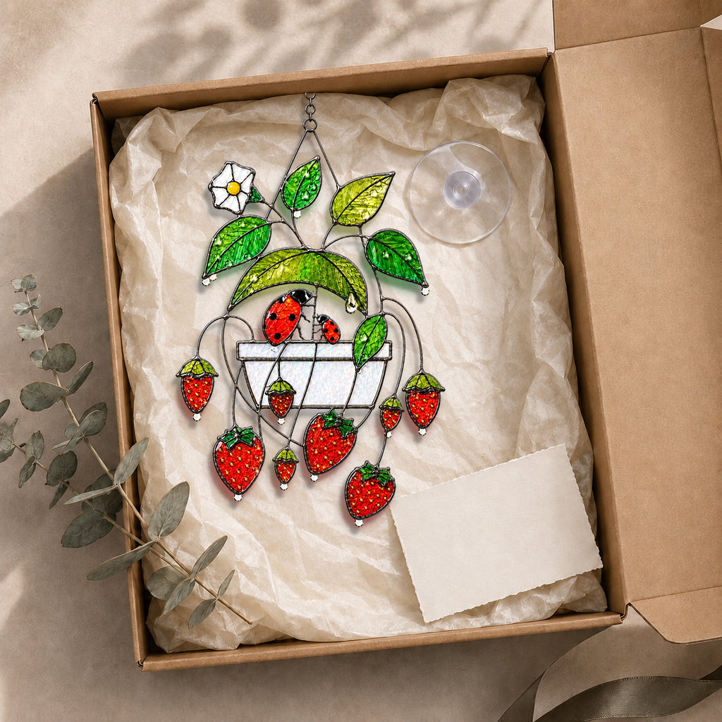 Strawberry & Ladybug Holographic Acrylic Suncatcher