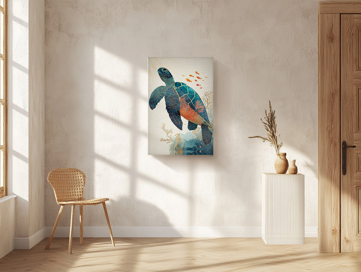 Sea Turtle Canvas Wall Art with Coral Reef and Gold Line Design