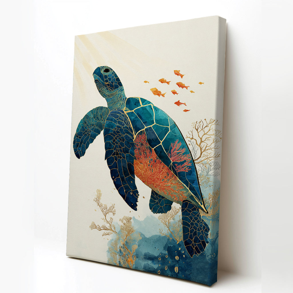 Sea Turtle Canvas Wall Art with Coral Reef and Gold Line Design