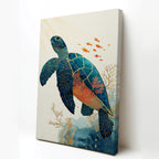 Sea Turtle Canvas Wall Art with Coral Reef and Gold Line Design