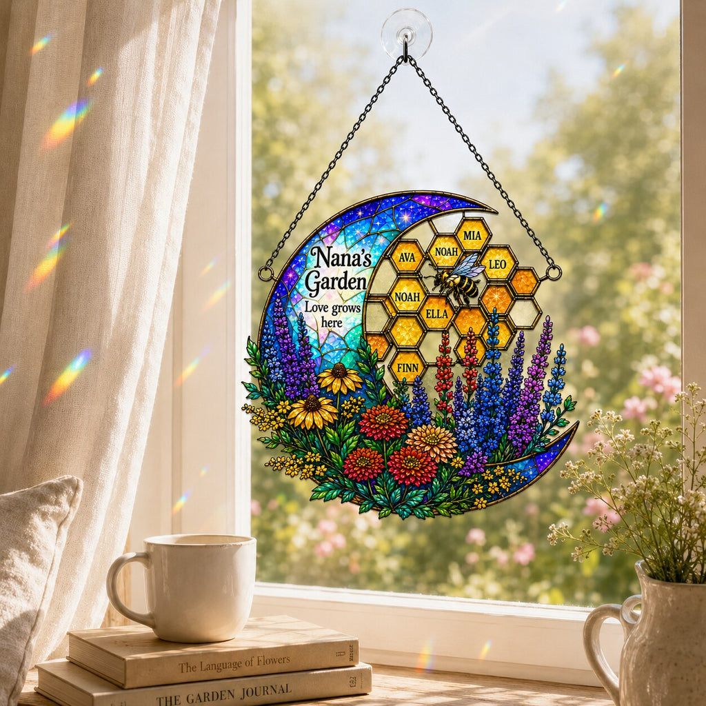 Personalized Nana's Garden Bee & Honeycomb Holographic Acrylic Suncatcher