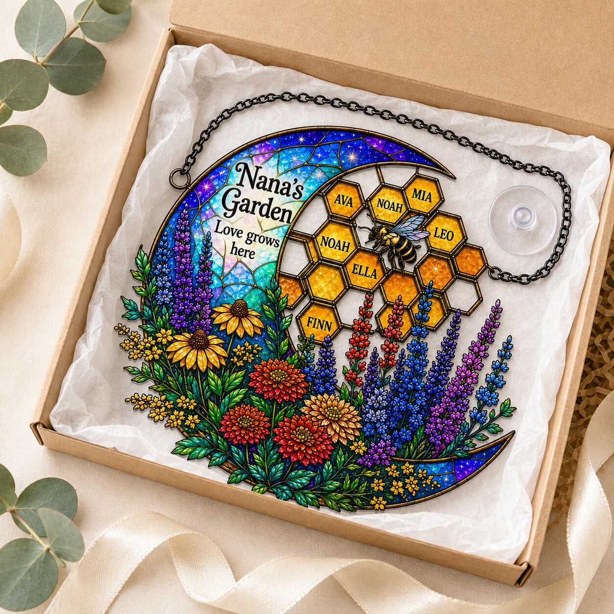 Personalized Nana's Garden Bee & Honeycomb Holographic Acrylic Suncatcher