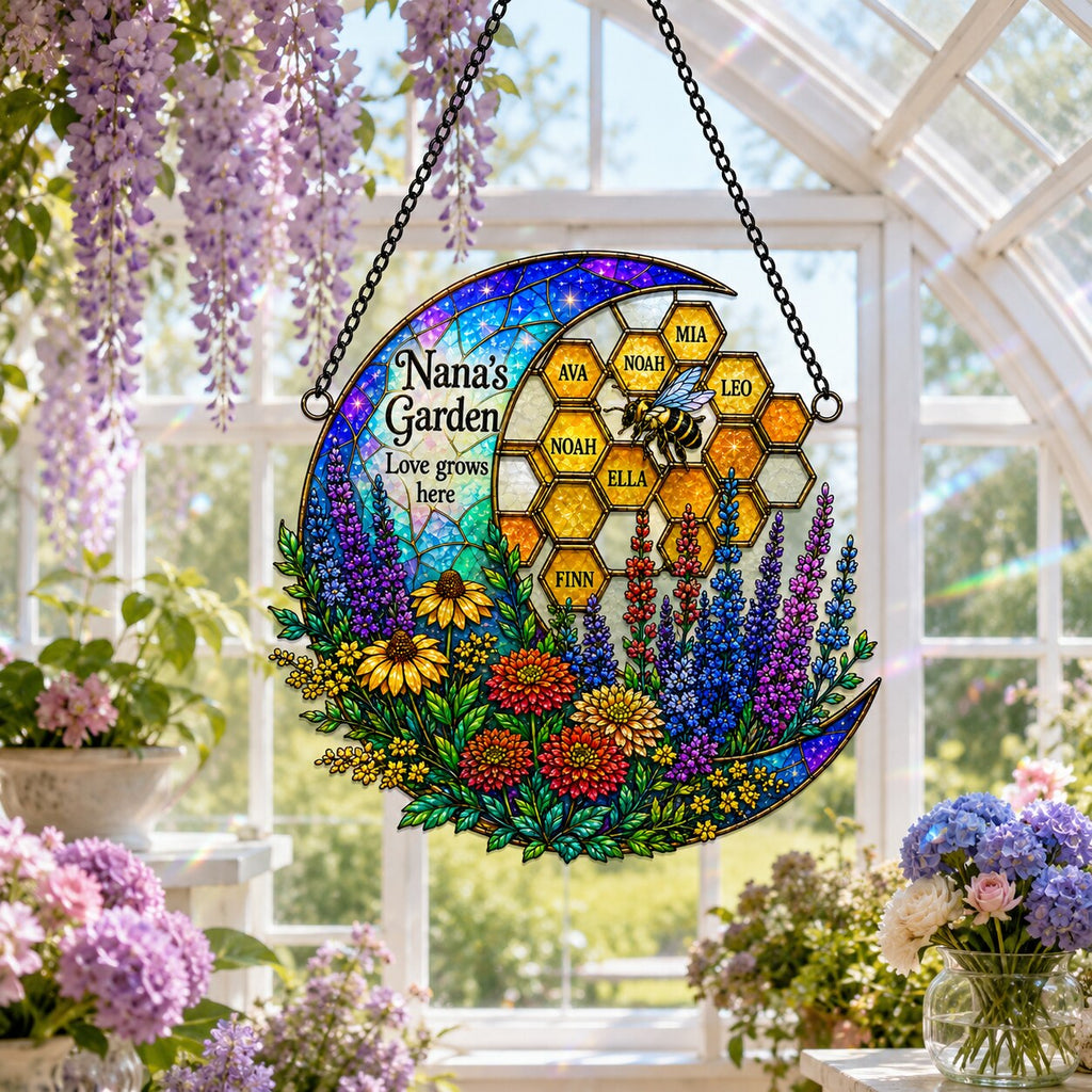 Personalized Nana's Garden Bee & Honeycomb Holographic Acrylic Suncatcher