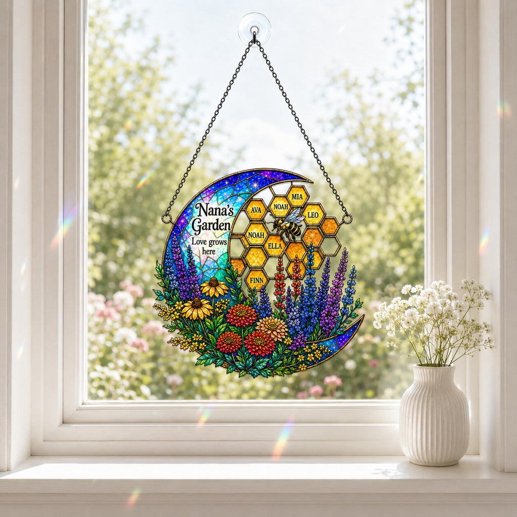 Personalized Nana's Garden Bee & Honeycomb Holographic Acrylic Suncatcher