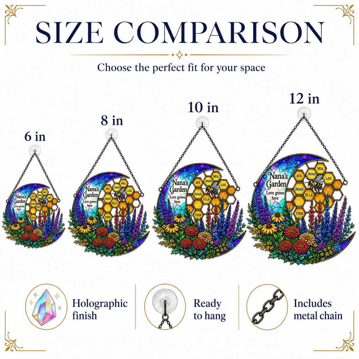 Personalized Nana's Garden Bee & Honeycomb Holographic Acrylic Suncatcher