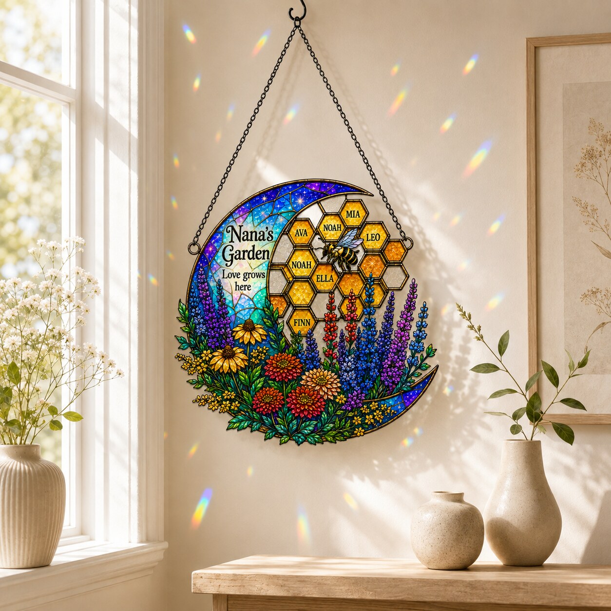 Personalized Nana's Garden Bee & Honeycomb Holographic Acrylic Suncatcher