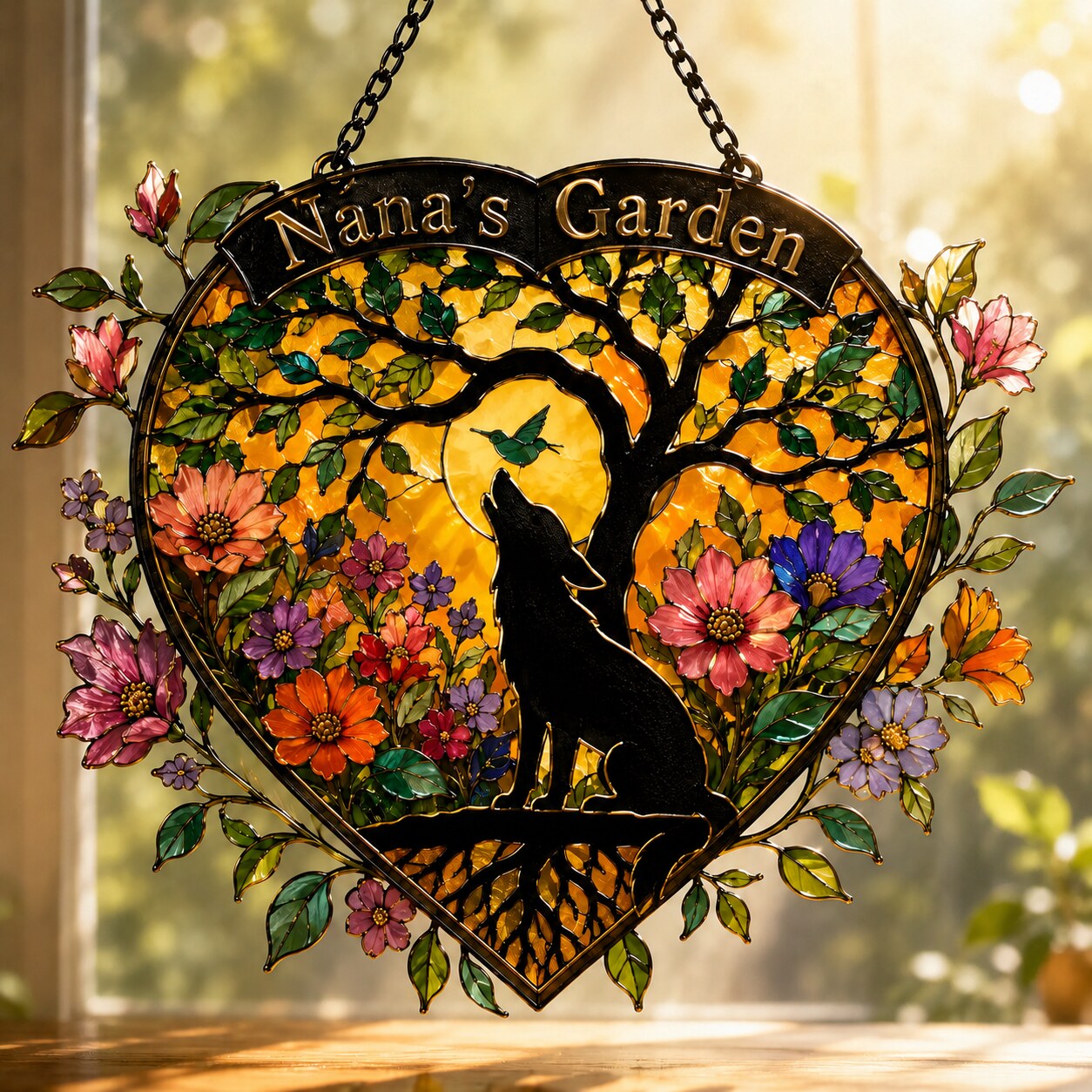 Personalized Nana's Garden Wolf Holographic Acrylic Suncatcher