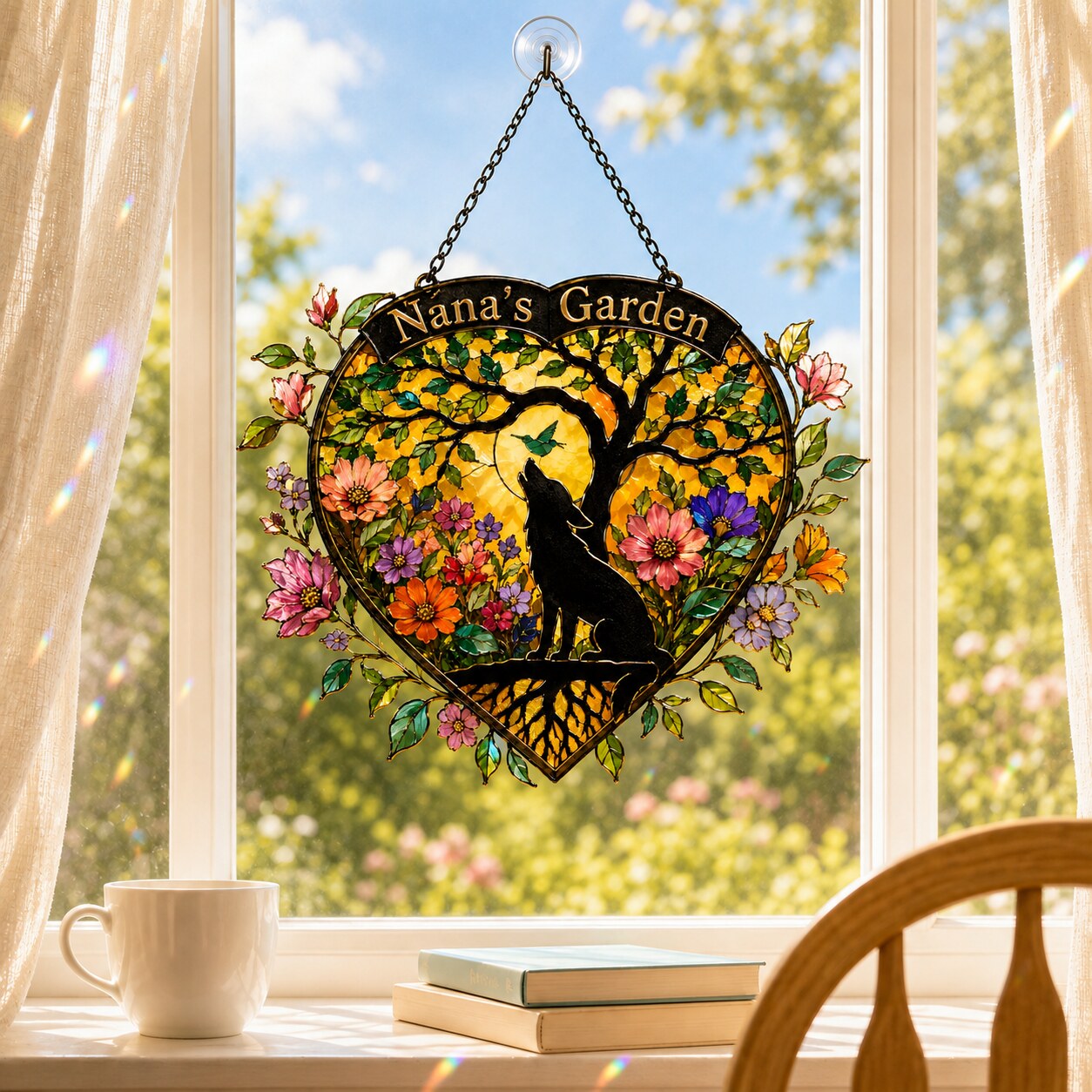 Personalized Nana's Garden Wolf Holographic Acrylic Suncatcher