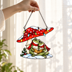 Frog Couple Reading under a Christmas Mushroom Holographic Acrylic Suncatcher