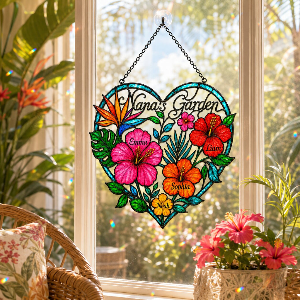 Personalized Nana's Garden Tropical Flower Holographic Acrylic Suncatcher