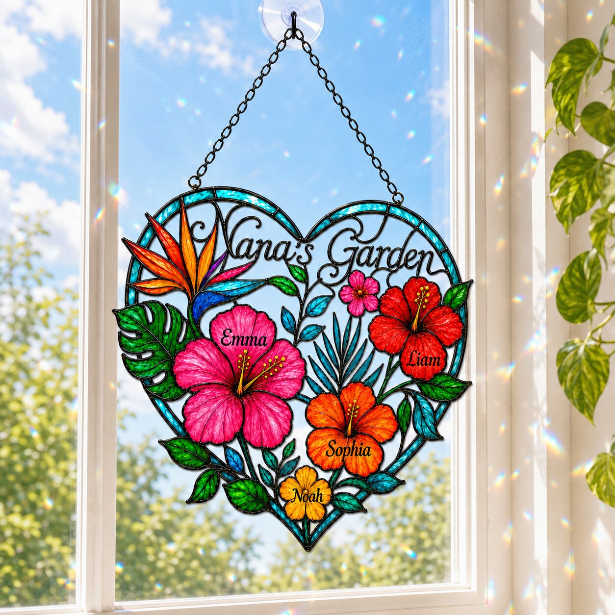 Personalized Nana's Garden Tropical Flower Holographic Acrylic Suncatcher