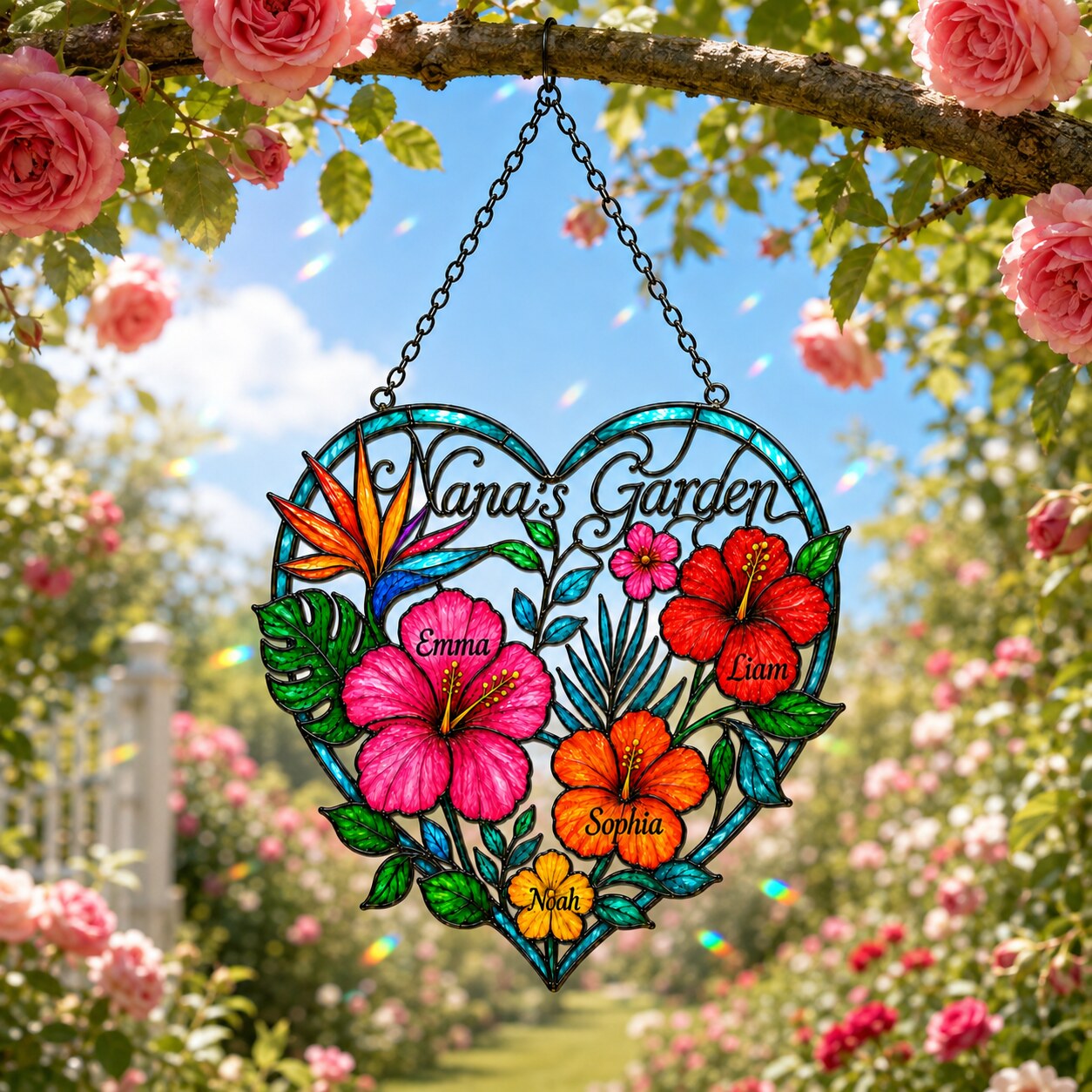 Personalized Nana's Garden Tropical Flower Holographic Acrylic Suncatcher